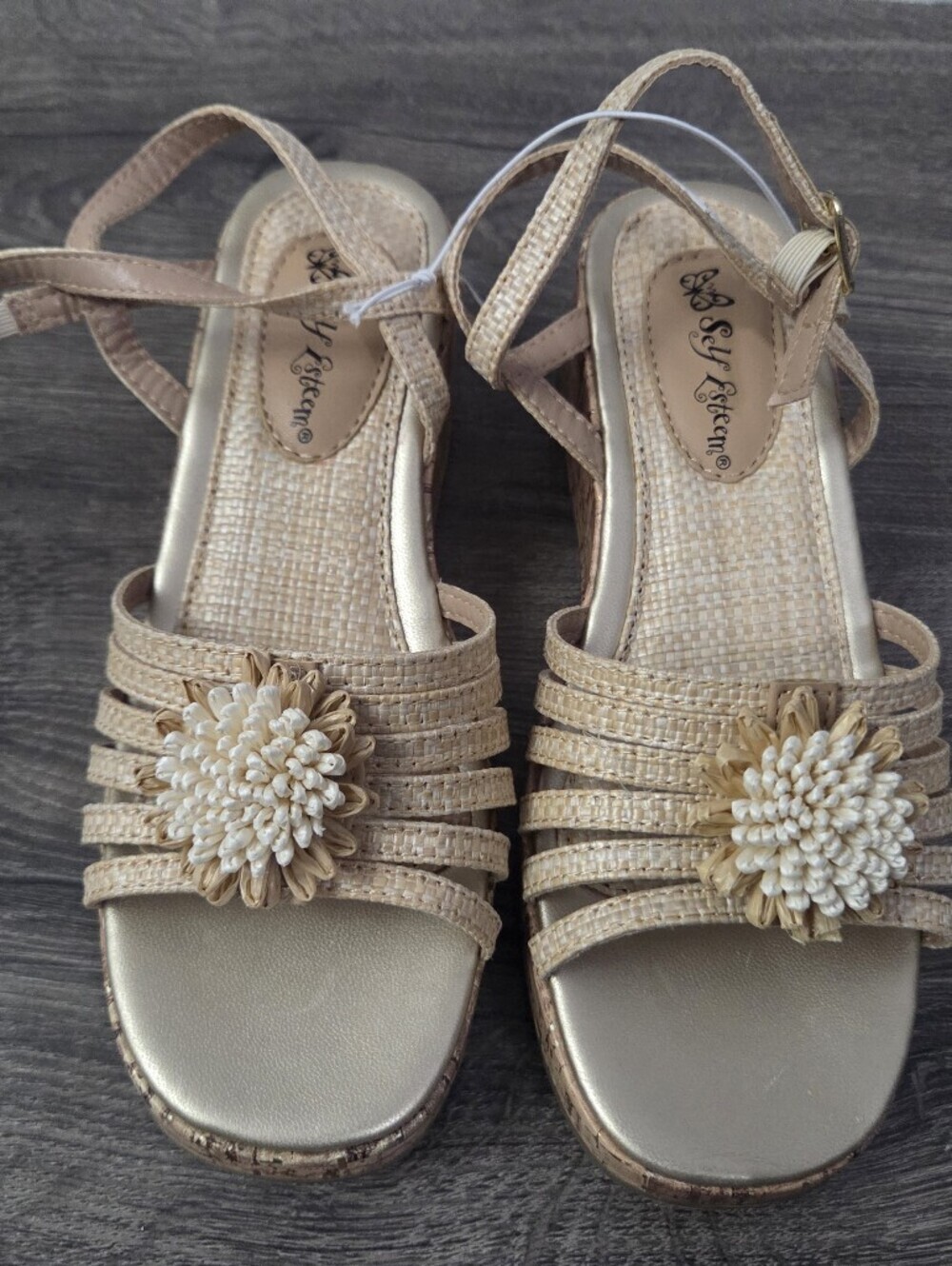 Self Esteem Gold-Tan Flower Accent Girls' Sandals Size 2 NEW